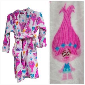 Poppy Trolls Plush Bathrobe Girls 10 White/Pink Fuzzy Fleece Long Spa Bath Robe